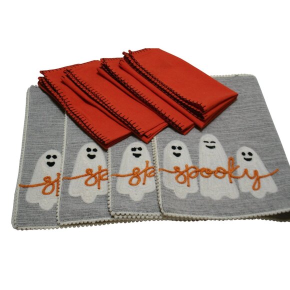 Max Studio Halloween Ghost Spooky Placemats & Orange & Black Napkins Set of 4 - Picture 2 of 9